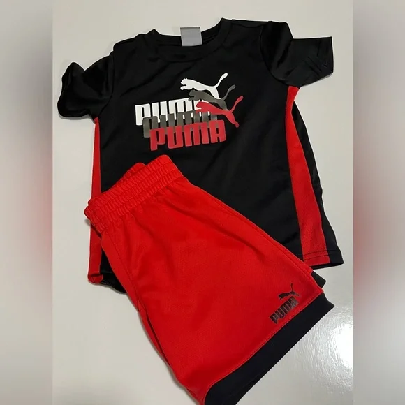 Puma Toddler Boys 2-Piece Athletic Set Red Black Logo Tee & Shorts Size 3T - Picture 6 of 9